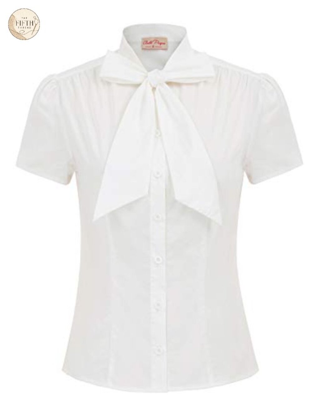 Women Bow Tie Button Down Short Sleeve Blouse Pleated Summer Top